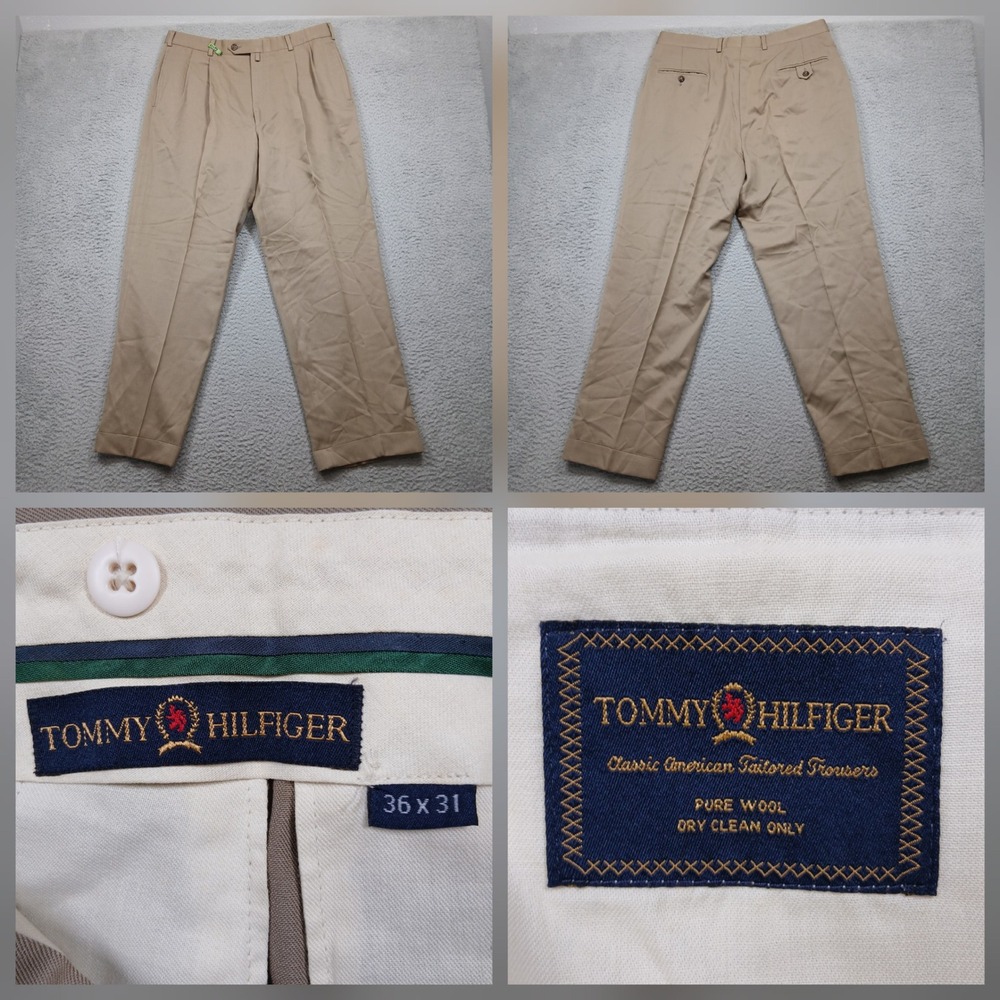 Tommy Hilfiger Wool Dress Pants Men's 36x31 Khaki Pleated Pure Wool
